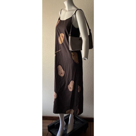 Japanese Noh Faces Brown Midi Slip Dress Fall Japanese Art Wear Lagenlook Medium - Picture 3 of 16
